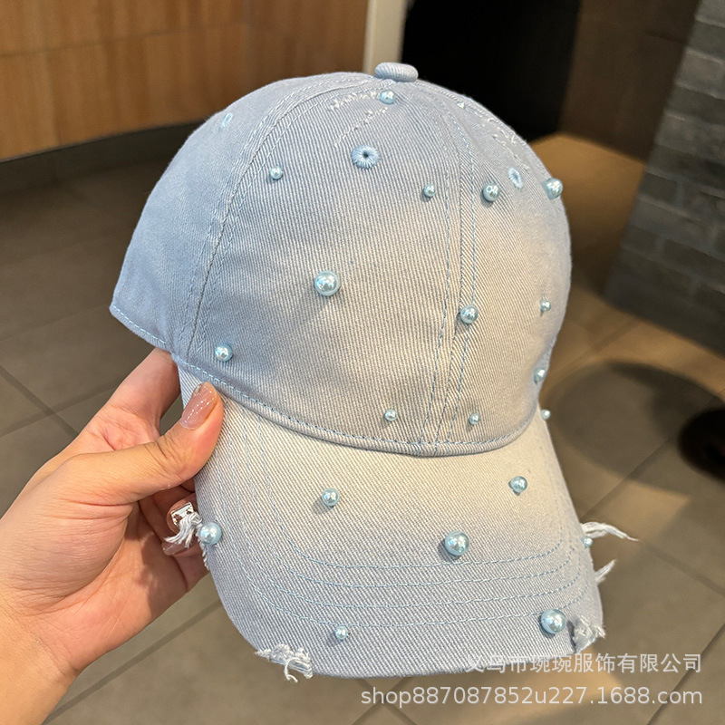 韓国スタイルのウォッシュ加工の穴あき野球帽、女性用、春と夏のファッショナブルで多用途なパールパーソナライズされた旅行用日よけ帽子|undefined