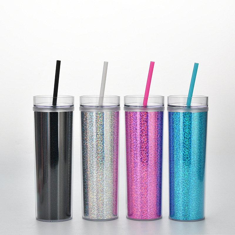 New Products In Stock Skinny Straight Body Double Plastic Straw Cup 450ml Adjustable Water Cup Magic Color Laser Drink Cup display picture 2