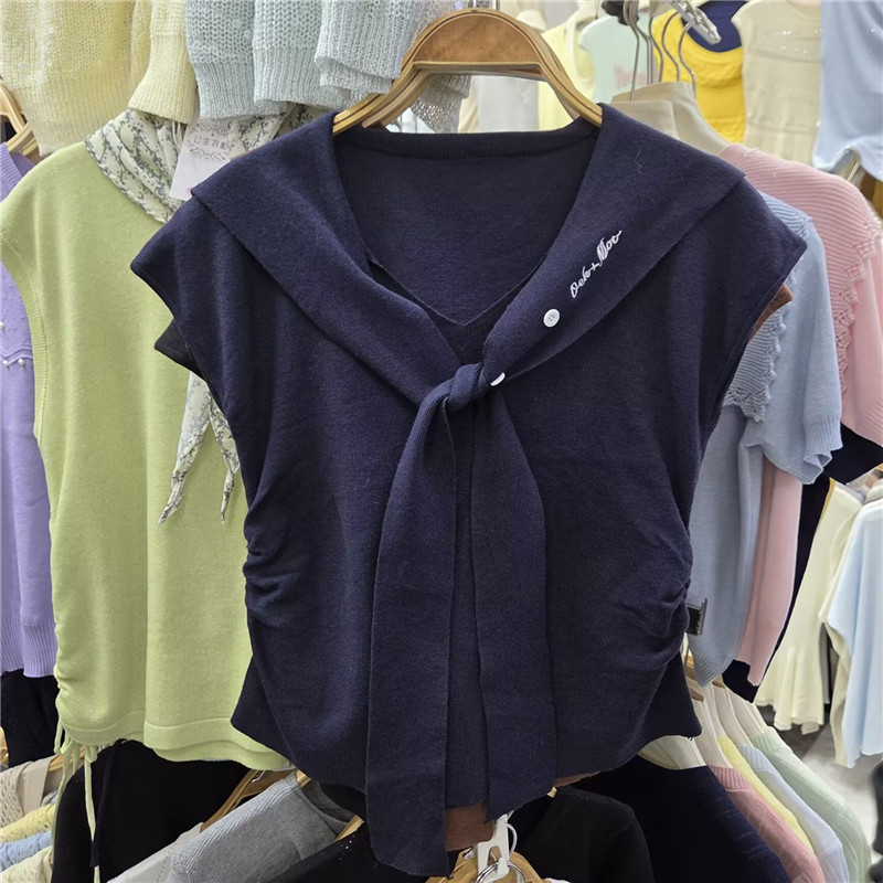 Navy Blue Embroidered Sailor Collar Faux Two-Piece Flutter Sleeve Knit Top for Women, Summer Slim Fit Tie V-Neck Cardigan