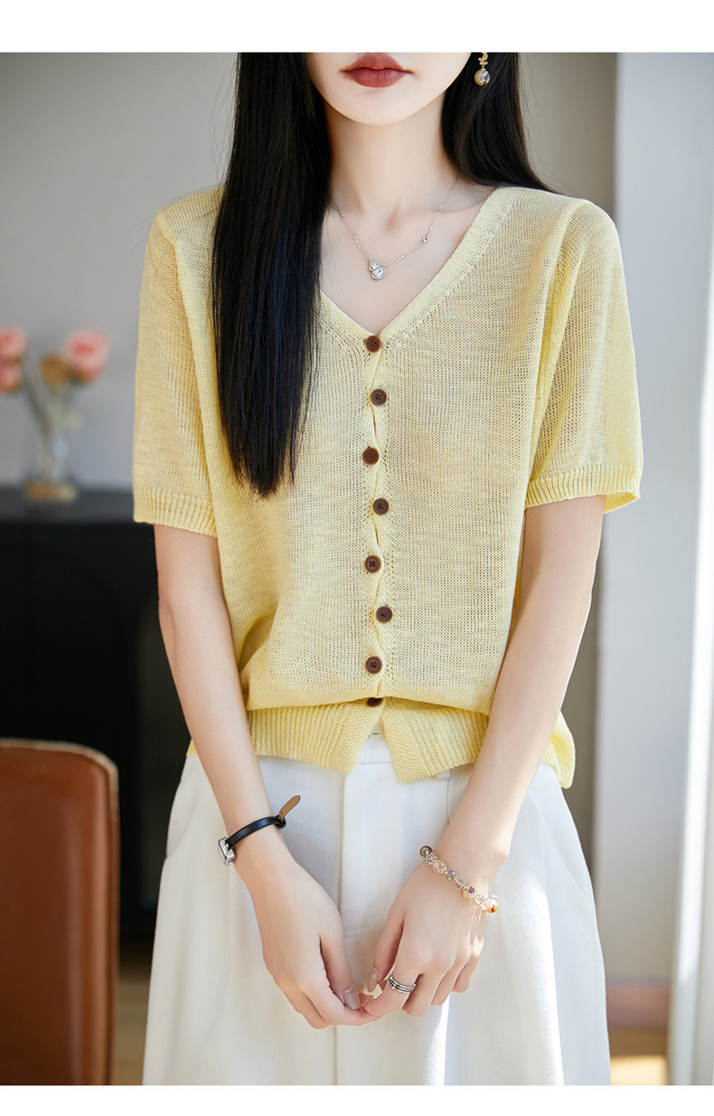 Áo thun nữ cổ V tay ngắn dệt kim phong cách Hàn Quốc, thiết kế đơn giản che khuyết điểm — Cam caramel chi tiết 19