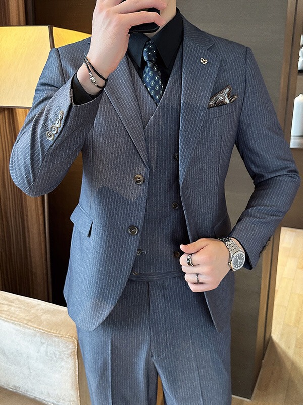 Suit suit men's autumn and winter new small striped casual high-grade suit three-piece Ruan handsome business dress