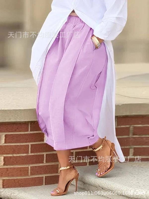 跨境欧美亚马逊外贸新款纯色宽松舒适休闲松紧腰显瘦七分阔腿裤女|undefined