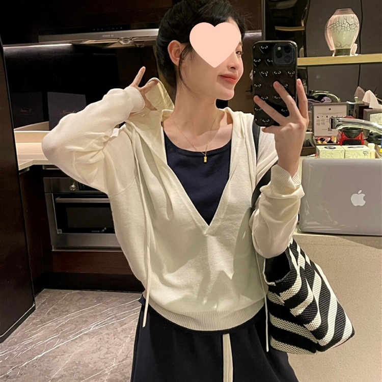 设计感撞色假两件连帽针织衫女秋季日系休闲慵懒风卫衣感上衣