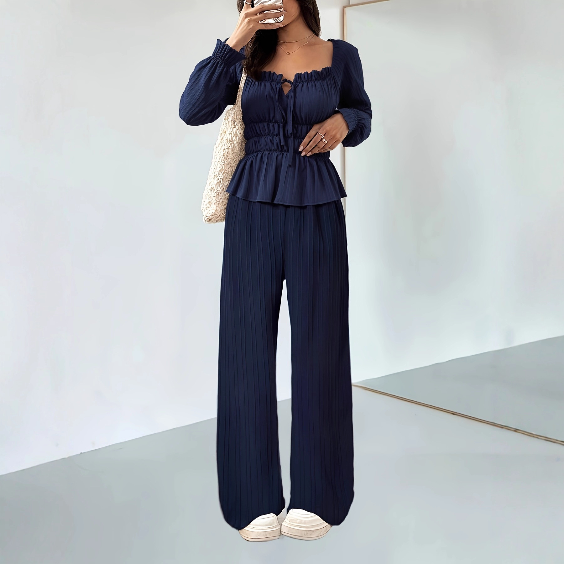 Ensemble chemisier à volants et pantalon large d'inspiration française – Style bohème chic élégant pour femme (Tailles S à XXL, bleu marine, esthétique minimaliste euro-américaine)_voghion.com