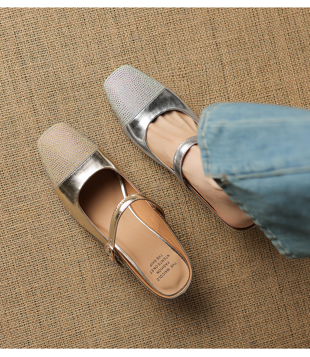 Sandal nữ mũi vuông bít mũi hở gót, gót 5 cm, phong cách tiểu hương — màu vàng chi tiết 1