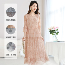 【100%真丝】夏季大码宽松中大淑妈妈装桑蚕丝顺纡绣花连衣裙9670