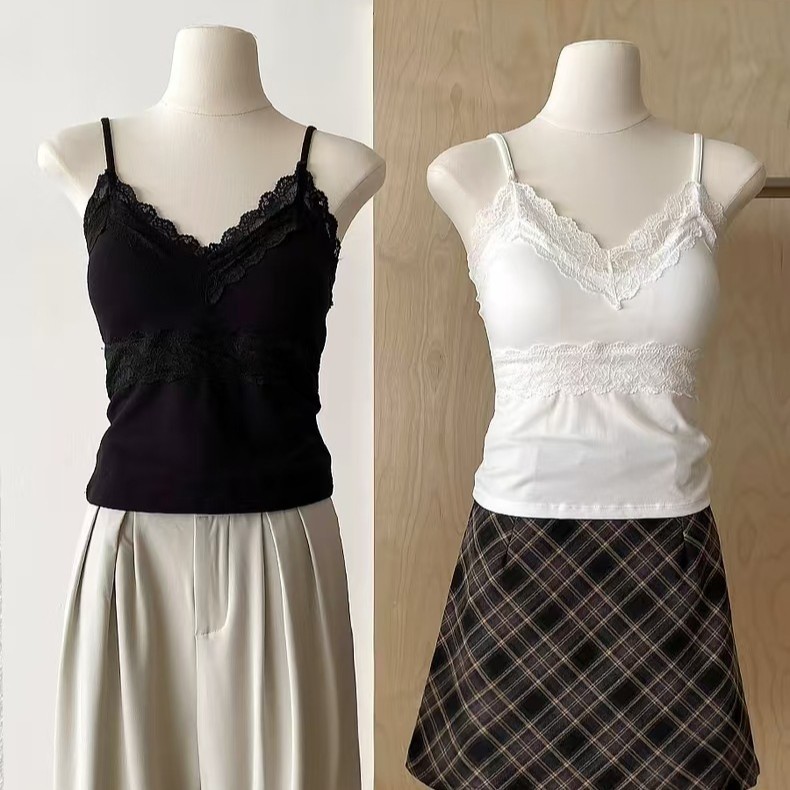 Spring and Summer Large V Neck Lace Edge Small Suspbottomer Women's Vest with Breast Pads Free Bra Pure Desire Sleeveless Top