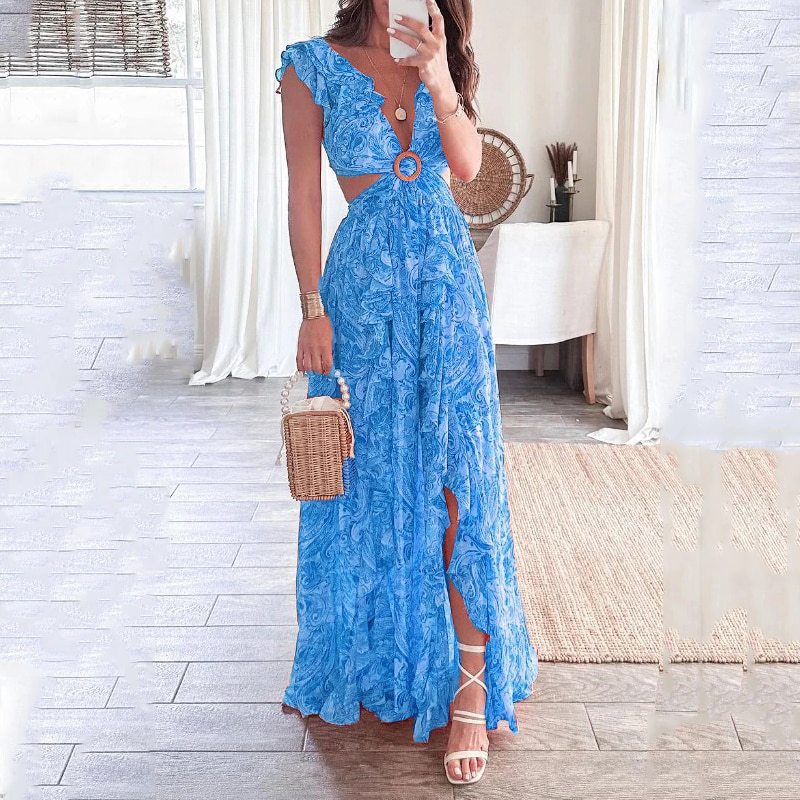 Women's Regular Dress Vacation V Neck Printing Pleated Sleeveless Printing Maxi Long Dress Holiday Beach display picture 5