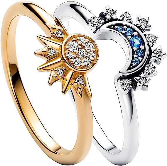 Nueva joyería europea y americana simple brillante Sun Blue Diamond Moon anillo de dos piezas para mujer para novia