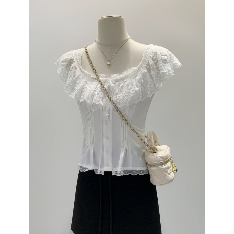 2026 Summer New Korean-Style French Lace Button-Up Tie Square-Neck Flutter Sleeve T-Shirt for Women with a Unique Design