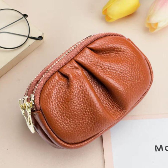 Fashionable Coin Purse for Women, High-End Double-Sided Zipper Pleated Clutch Bag, Soft Leather Small Wallet, Multifunctional Coin Bag