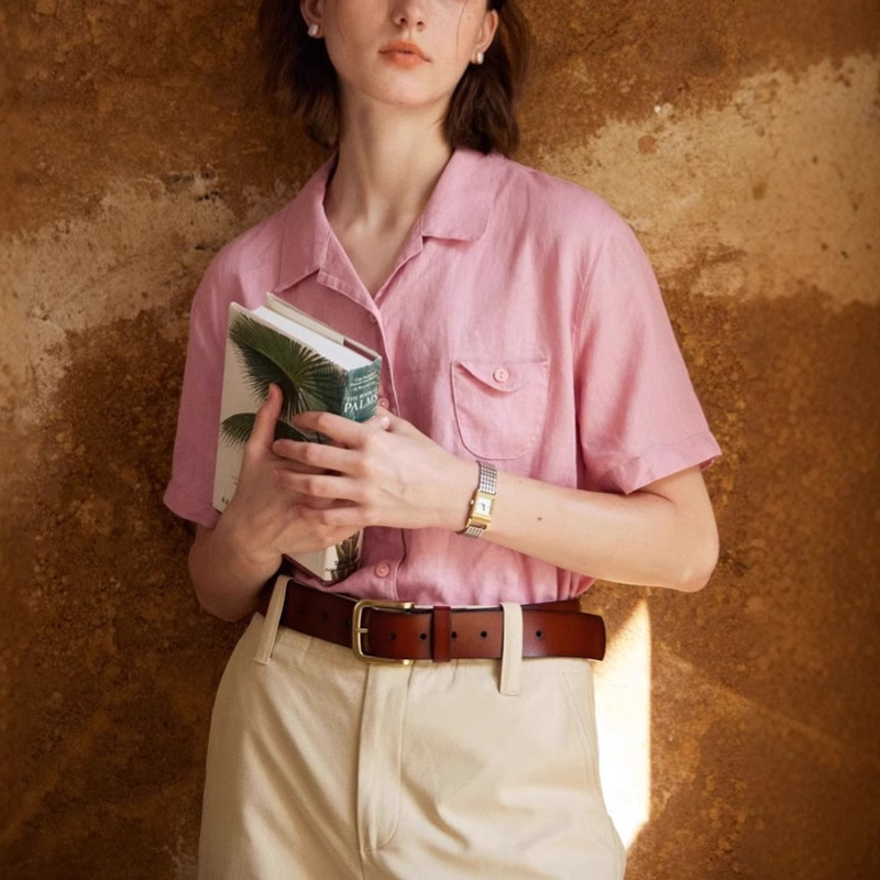 Vintage Pure Lazy Cuban Collar Linen Shirt Loose Short Sleeve Top/Two-Tone