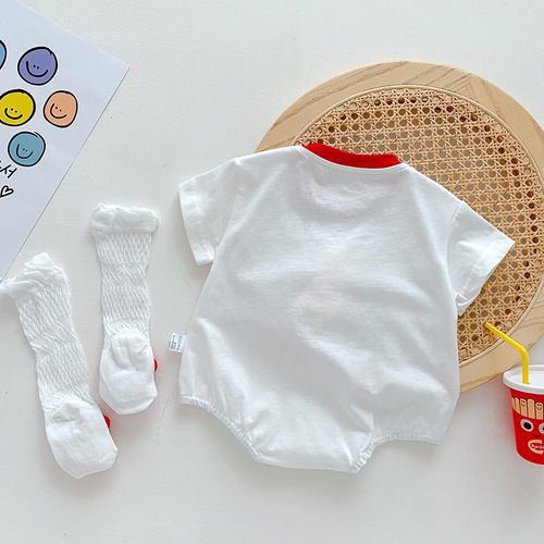 Baby summer clothes thin short-sleeved newborn one-piece bodysuit for men and women baby crawling clothes cute French fries khaki