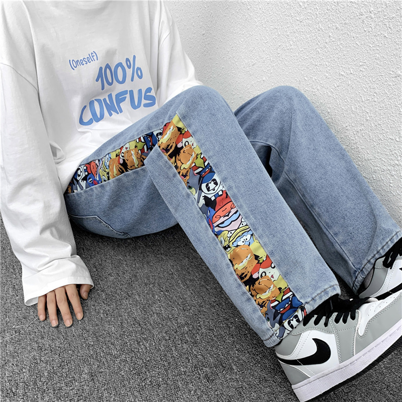 2021 Spring and Autumn Hong Kong Style Fried Street Jeans Korean Style High Street Cartoon Cartoon Stitching Distinctive Straight Leg Wide Leg Pants