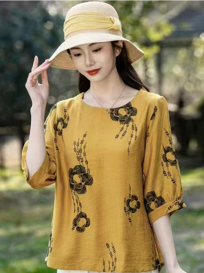 Cross-border nueva camiseta de mujer china impresa de manga media camiseta de mujer de verano camiseta de base de cuello redondo artística ocio image 4