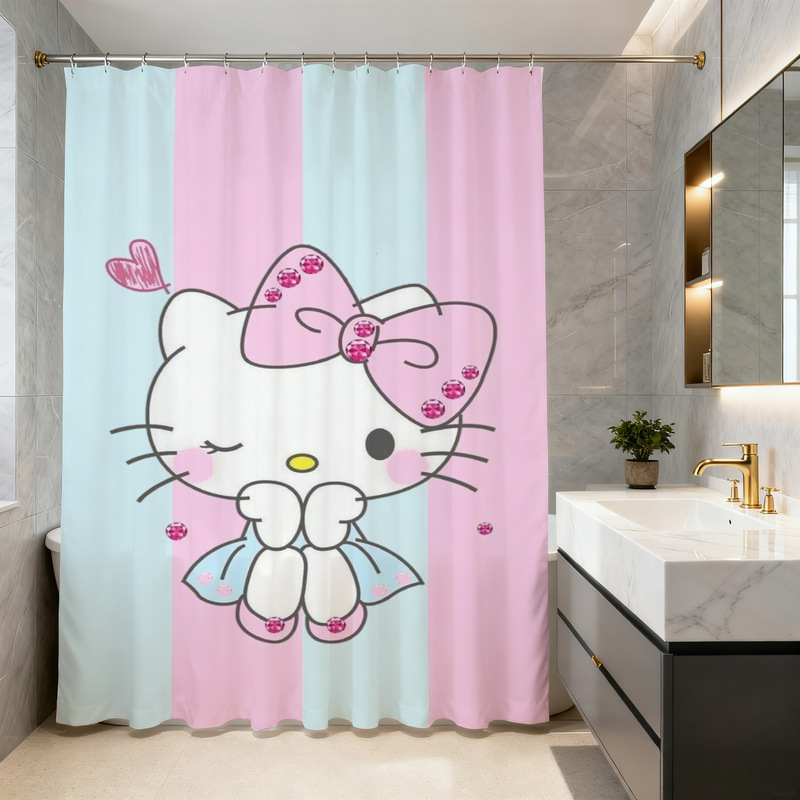 HelloKitty cartoon shower curtain, waterproof and mildew-proof, princess-style bathroom partition curtain, privacy-protecting curtain for bathroom decoration HelloKitty cartoon shower curtain, waterproof and mildew-proof, princess-style bathroom partition curtain, privacy-protecting curtain for bathroom decoration