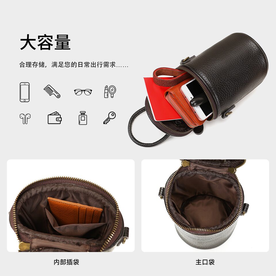 Túi xô tròn da thật nữ đeo vai xách tay đeo chéo phong cách retro cỡ trung — Cà phê, màu xám, màu đen