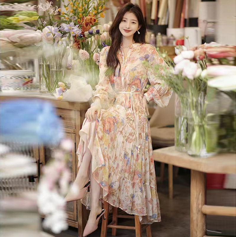 Yi Naer Silk dress Long-sleeved Sunscreen Two-piece Suit Shun Tu Fairy-style Printed Summer New Travel and Holiday Style