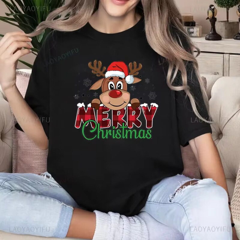 Merry Christmas moose pattern t-shirt for women, Christmas shirt, funny Christmas top, fashionable Harajuku kawaii t-shirt