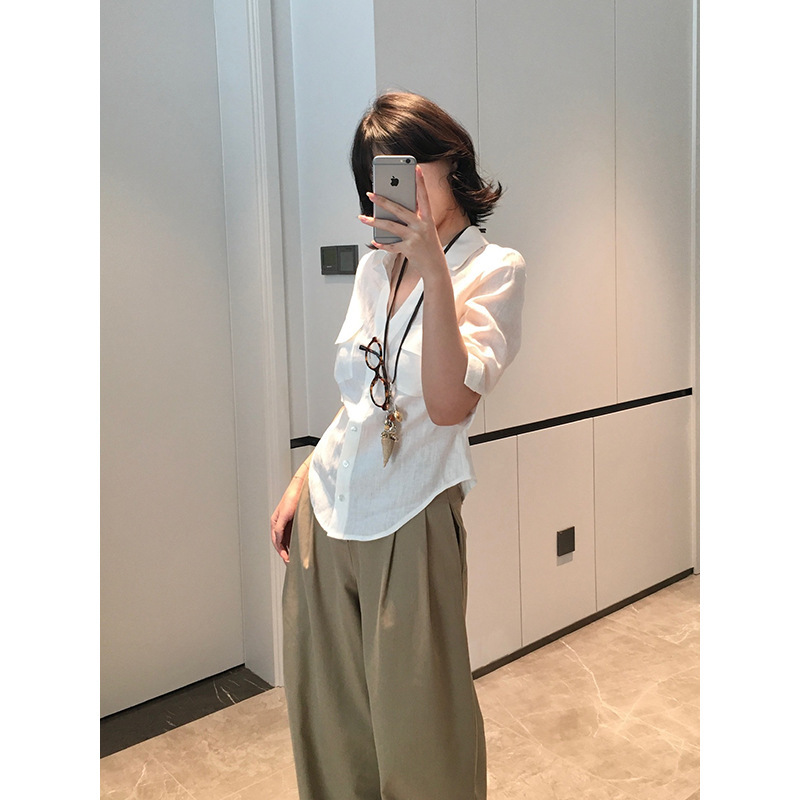 Fox Room Curved Hem V-Neck Linen Mid-Sleeve Shirt 2026 Summer Tie-Waist Elegant Top A6291
