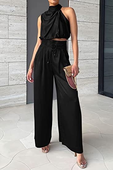 Women's 2-piece Summer Casual Sleeveless Collar Open Navel Top Wide Leg Pants Set_voghion.com