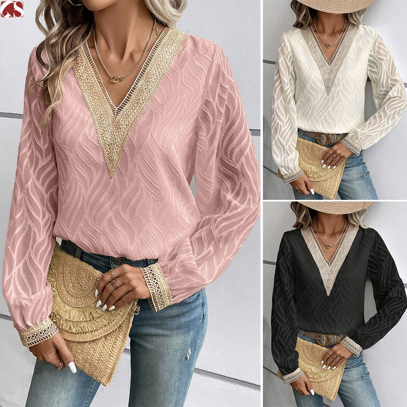 Autumn 2024 European and American Cross-border Women's Independent Station V-neck Lace Chiffon Jacquard Long Sleeve Elegant Elegant Shirt
