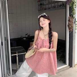 撞色格子系带吊带背心女夏季2025新款韩系宽松休闲减龄百搭上衣潮