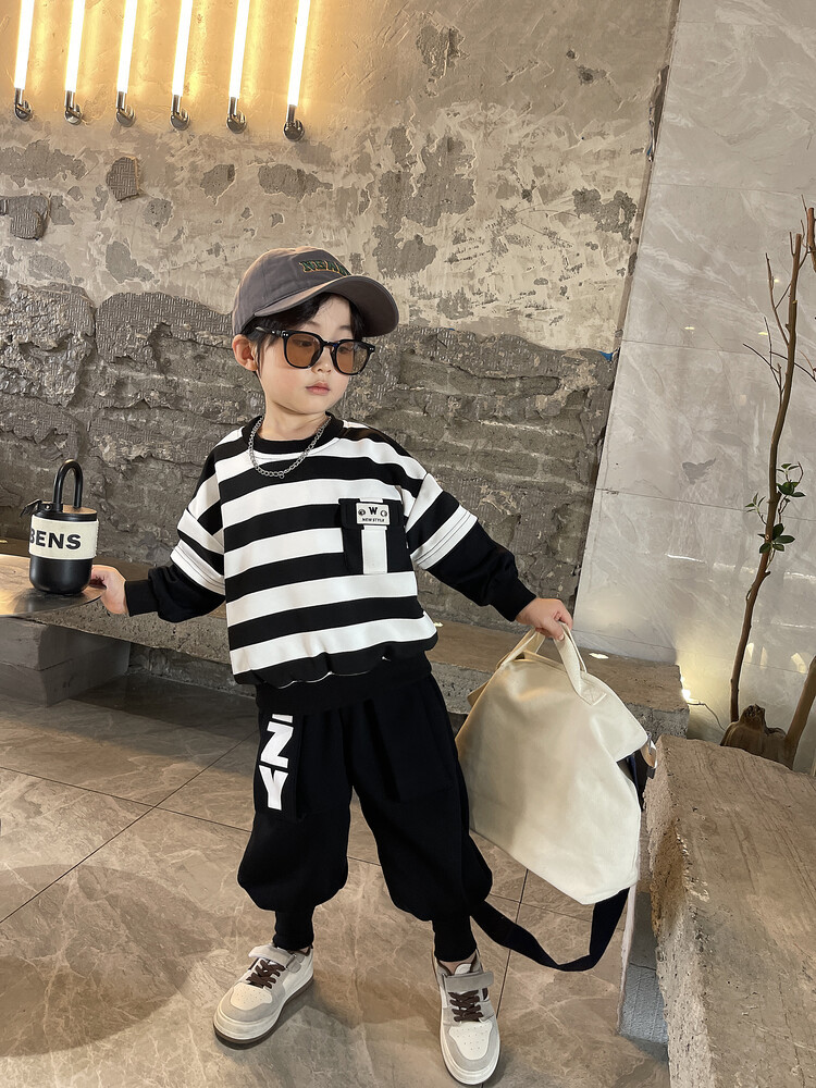 Suéteres de rayas para niños, botas, pantalones, ropa de primavera y otoño, nuevo conjunto de dos piezas moderno y moderno para niños,_voghion.com