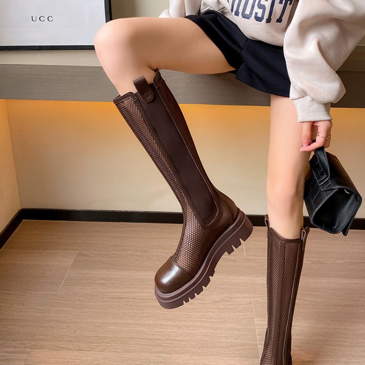 Boot lưới nữ da bò cổ cao thoáng khí mùa hè, đế dày, ống rộng cho chân to — Màu nâu ống lớn, Màu đen cổ ống lớn, Ống nhỏ màu đen, Chu vi ống lớn màu trắng be