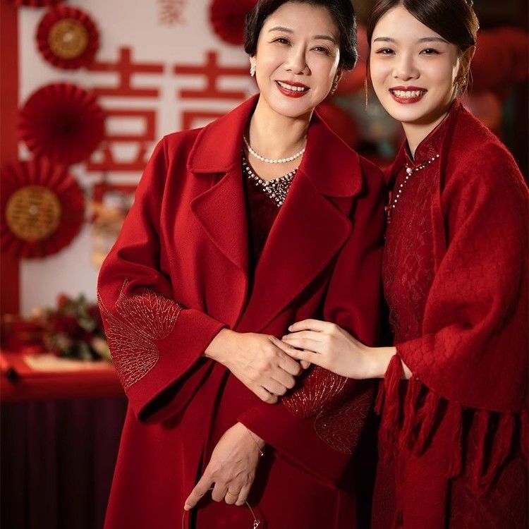 Mother's Wedding Red Woolen Coat Autumn and Winter Double-Sided Woolen Coat Mid-Length Mother-In-Law