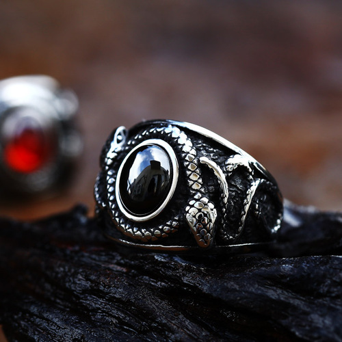 beier foreign trade new stainless steel gem-set men's ring wholesale retro personalized double-headed snake titanium steel ring