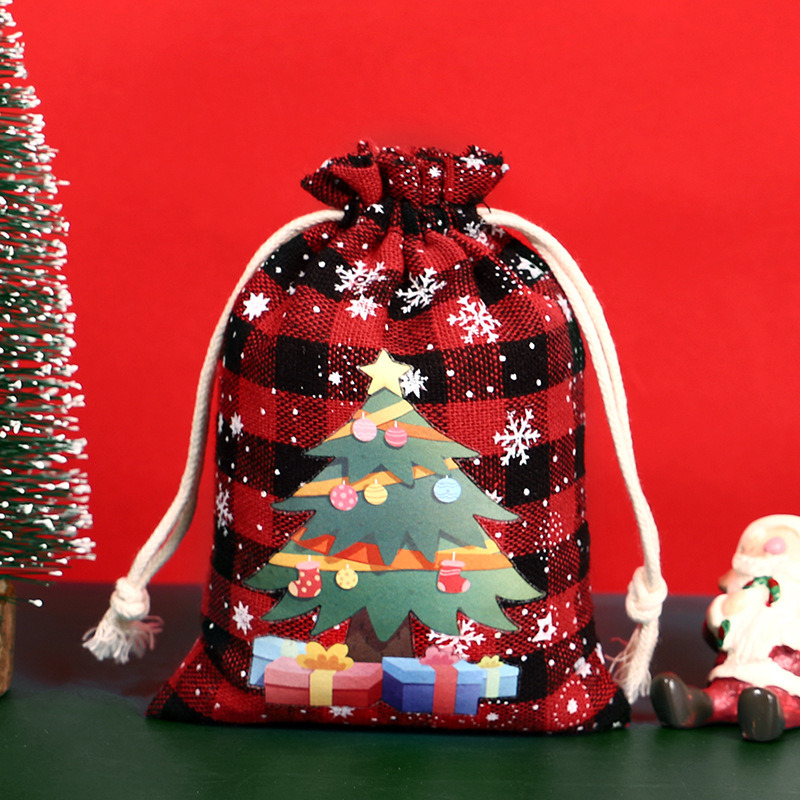 Bolsa de algodón a cuadros de Navidad con cordón Bolsa de embalaje de regalo de caramelo de Navidad Calendario de Adviento bolsa pequeña al por mayor