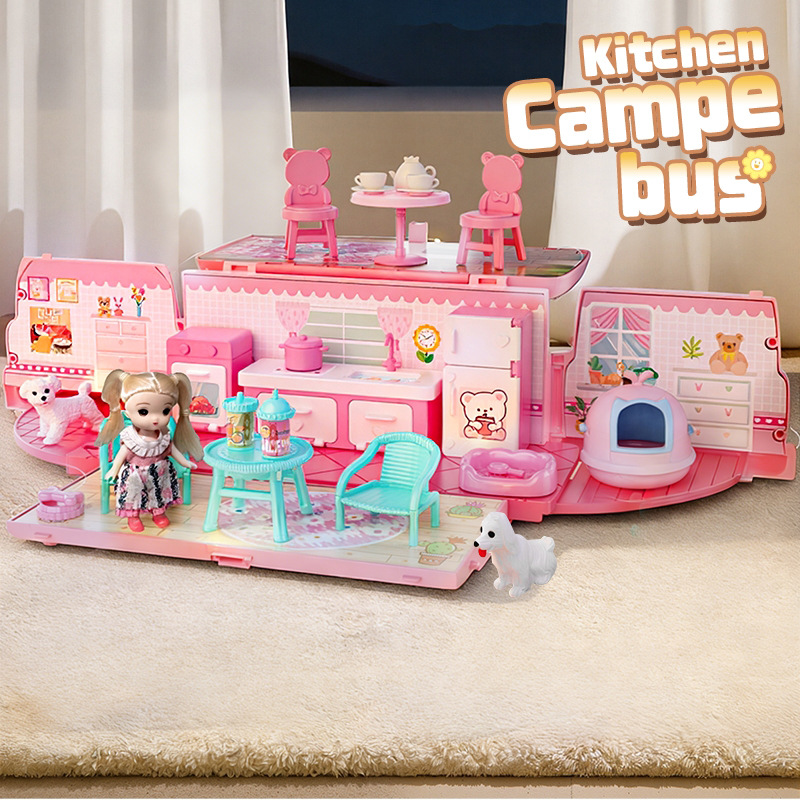 Children's Pretend Play Bus and Rv with Doll and Simulated Furniture Set, Educational Toy Gift Box for Girls Aged 3-4