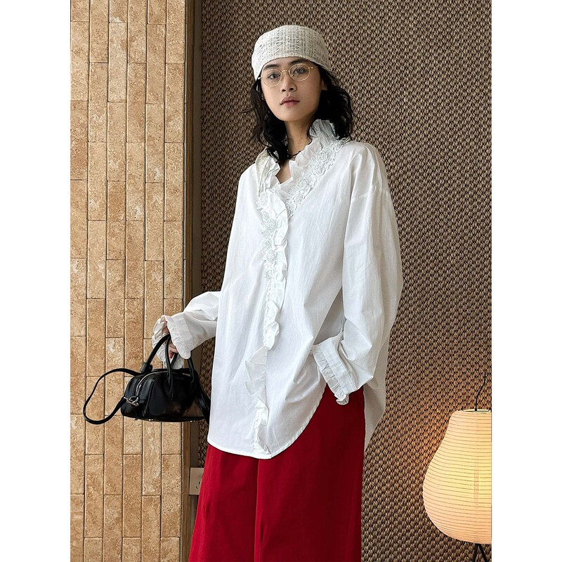 Xuman Spring New Style Ins-Style Three-Dimensional Beaded Rose Lace Patchwork Shirt Loose Fit Top for Women