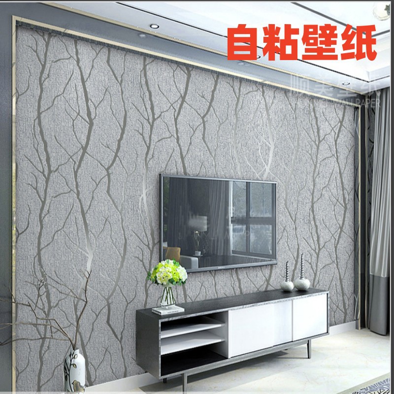 跨境热卖3D立体树枝鹿皮绒自粘墙纸客厅背景卧室书房简约壁纸带胶