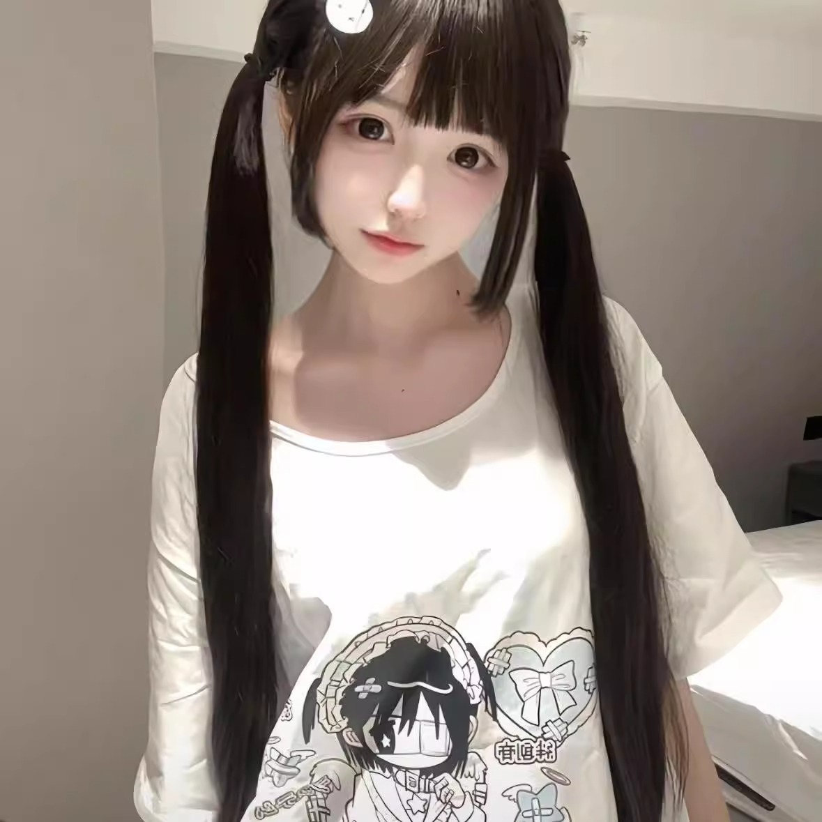 コニ 75 センチメートルロングストレートダブルポニーテールウィッグ全頭コスチュームローズネットロリータナチュラル JK インフルエンサー少女