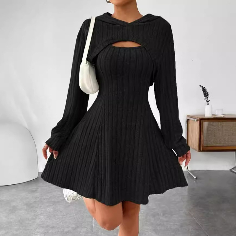 European and American Independent Station Hot-Selling Women's Clothing Simple Sweet Style Fashion Suit Autumn and Winter Hooded Shawl Dress Two-Piece Set