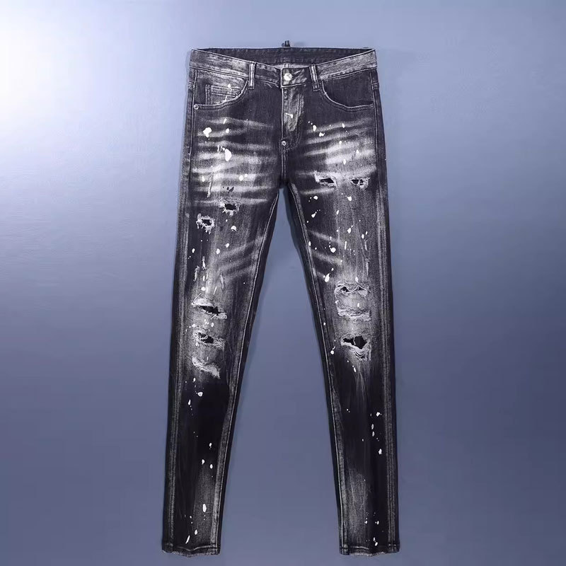 Streetwear trendy retro distressed black and gray patchwork jeans, hip-hop style stretch slim-fit skinny jeans for men.