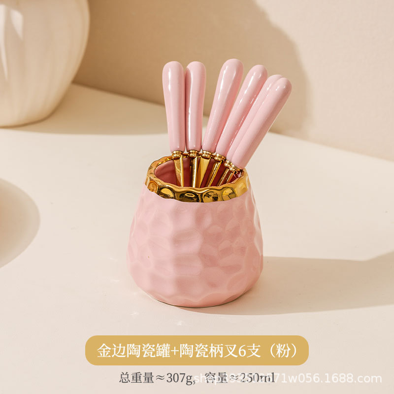 핑크 황금 가장자리 세라믹 냄비 + 과일 포크 6