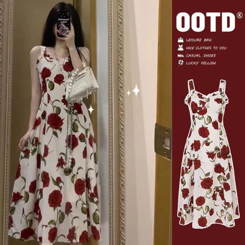 Floral Spaghetti Strap Dress for Women, Summer 2025 New Style, Tea Break French Chiffon Seaside Vacation Long Dress, Early Autumn Layering Floral Spaghetti Strap Dress for Women, Summer 2025 New Style, Tea Break French Chiffon Seaside Vacation Long Dress, Early Autumn Layering