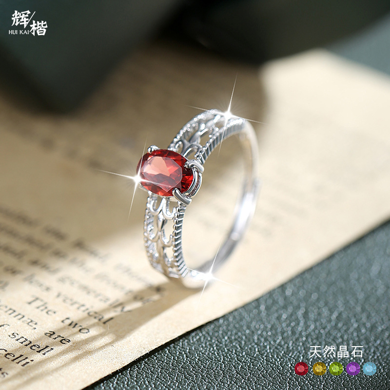 Spot S925 Sterling Silver Adjustable Ring Women's Natural Crystal Stone Hand Ornaments Cut Out High-End Design Accessible Luxury Ring