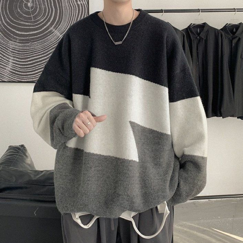 秋冬毛衣男宽松休闲百搭韩版潮流拼接针织衫新款港风线衣男士外套