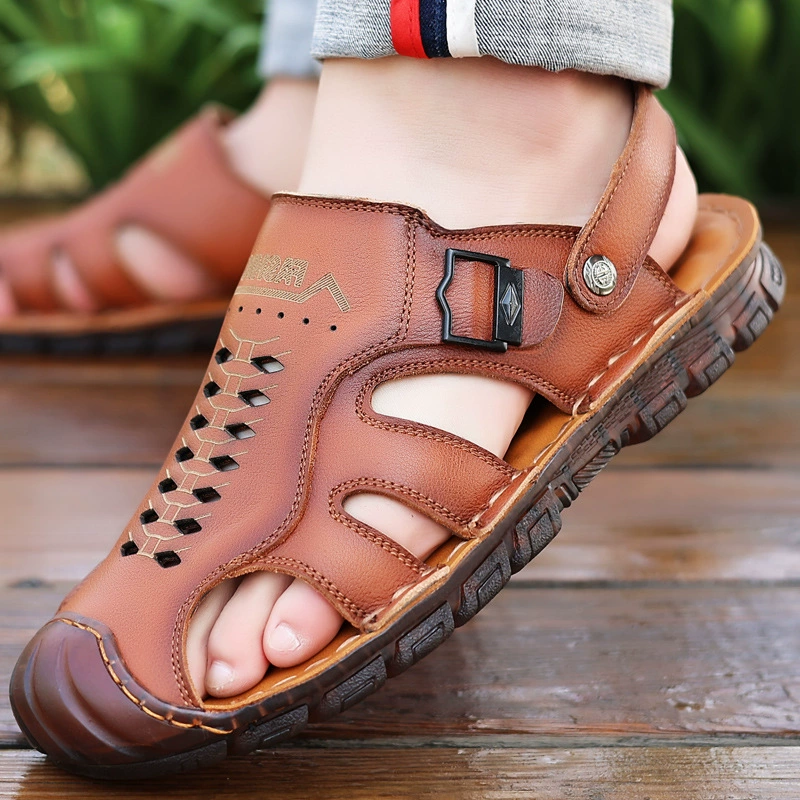 Мужские сандалии с верхним слоем из воловьей кожи, пляжные туфли, летние новые повседневные сандалии из натуральной кожи с говяжьим сухожилием и мягкой подошвой, Нескользящие винтажные туфли