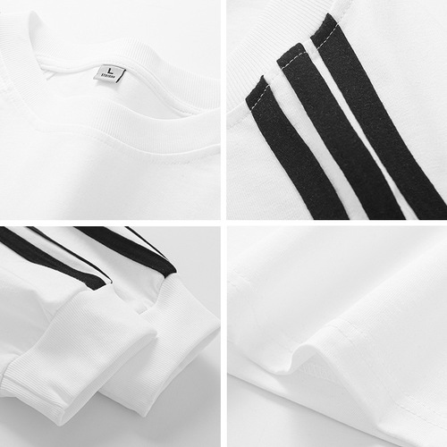 Pure Color Three Stripes 250g Heavyweight Ribbed Long Sleeve T-Shirt for Men Loose Early Autumn Color Block Shoulder-Style Round Neck Base Layer Top