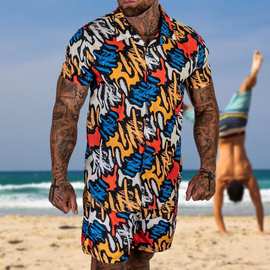 新款亚马逊eBay速卖通欧美男士套装衬衫3D个性印花沙滩印花短袖