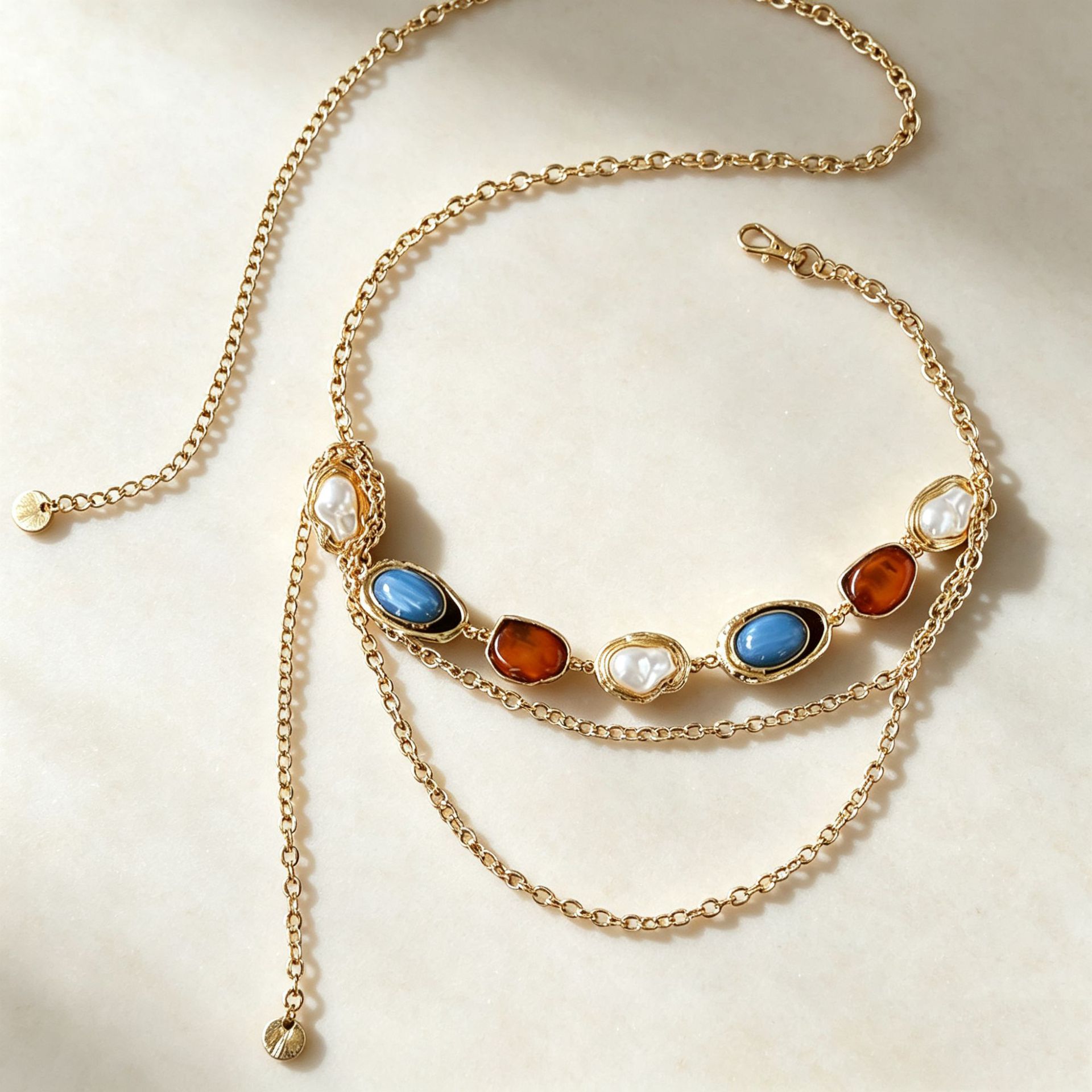 Fashionable retro acrylic metal colorful stone waist chain, light luxury and elegant topaz