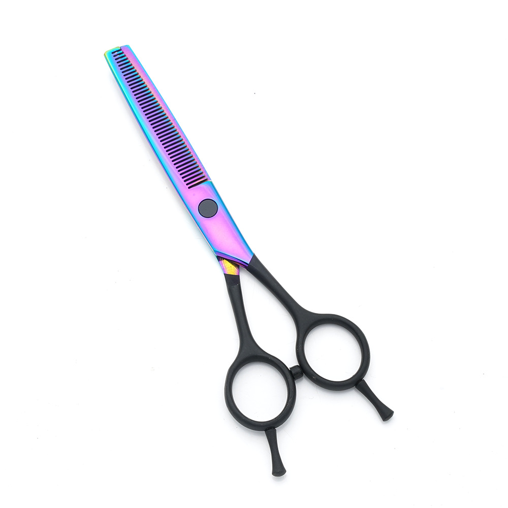 Tijeras de peluquería al por mayor de fábrica, tijeras de peluquería de color de acero inoxidable, corte de dientes de cabello fino profesional, juego de tijeras planas de corte