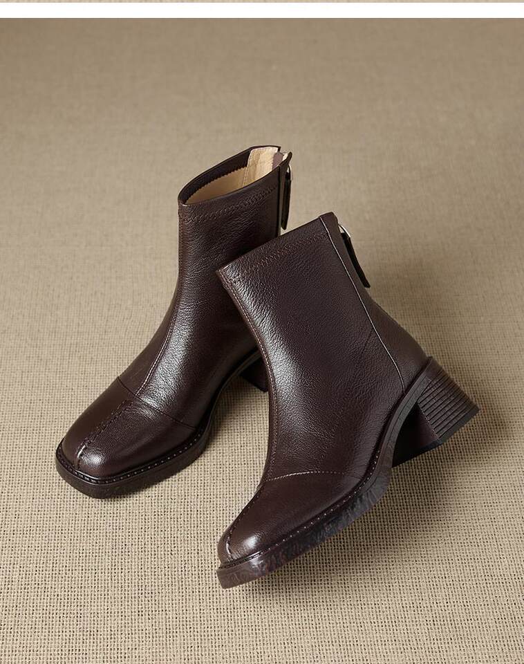 Bốt ngắn nữ mũi vuông da bò gót dày 6 cm khóa kéo sau — Màu nâu (lớp lót nhung 6cm) có sẵn hàng, Màu nâu (lớp lót đơn 6cm) có sẵn, Màu đen (lớp lót nhung 6cm) có sẵn hàng, Màu đen (lớp lót đơn 6cm) có sẵn hàng chi tiết 12