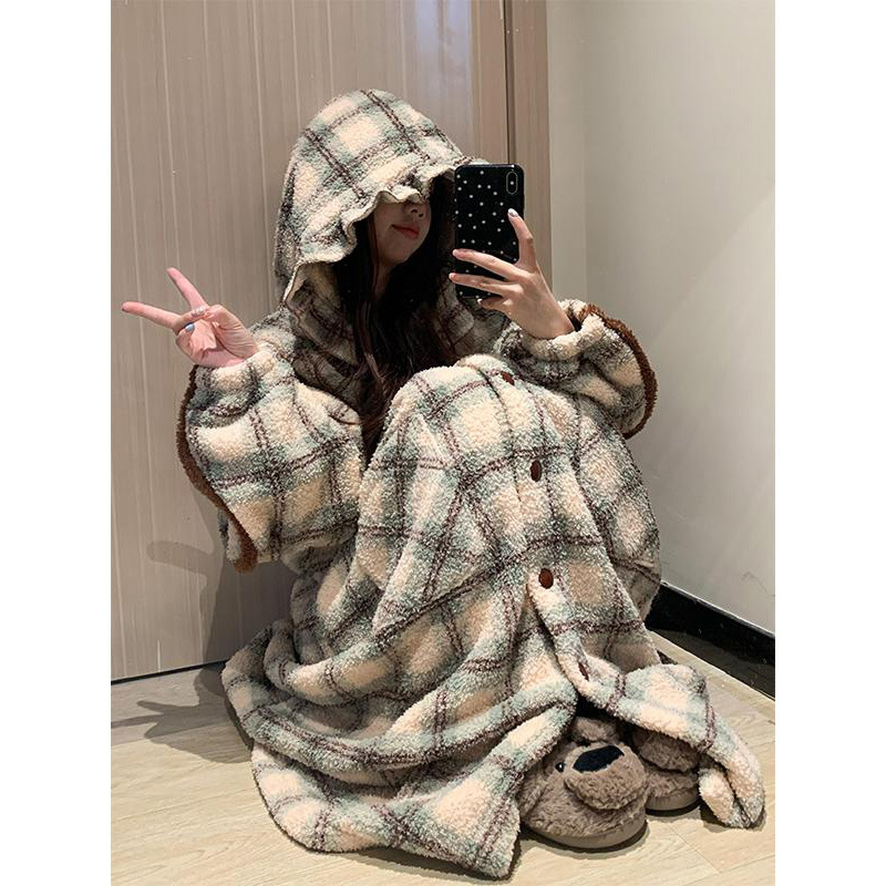 韩版少女珊瑚绒睡衣女款秋冬季睡裙加厚保暖法兰绒连帽家居服睡袍