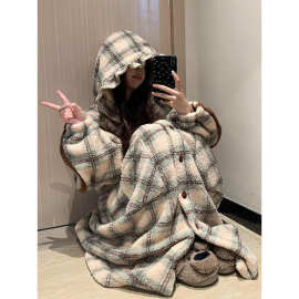 韩版少女珊瑚绒睡衣女款秋冬季睡裙加厚保暖法兰绒连帽家居服睡袍